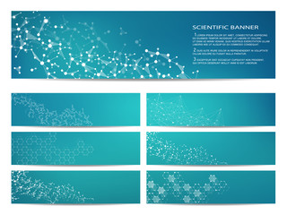 Set of modern scientific banners. Molecule structure DNA and neurons. Abstract background. Medicine, science, technology, business, website templates. Scalable vector graphics.