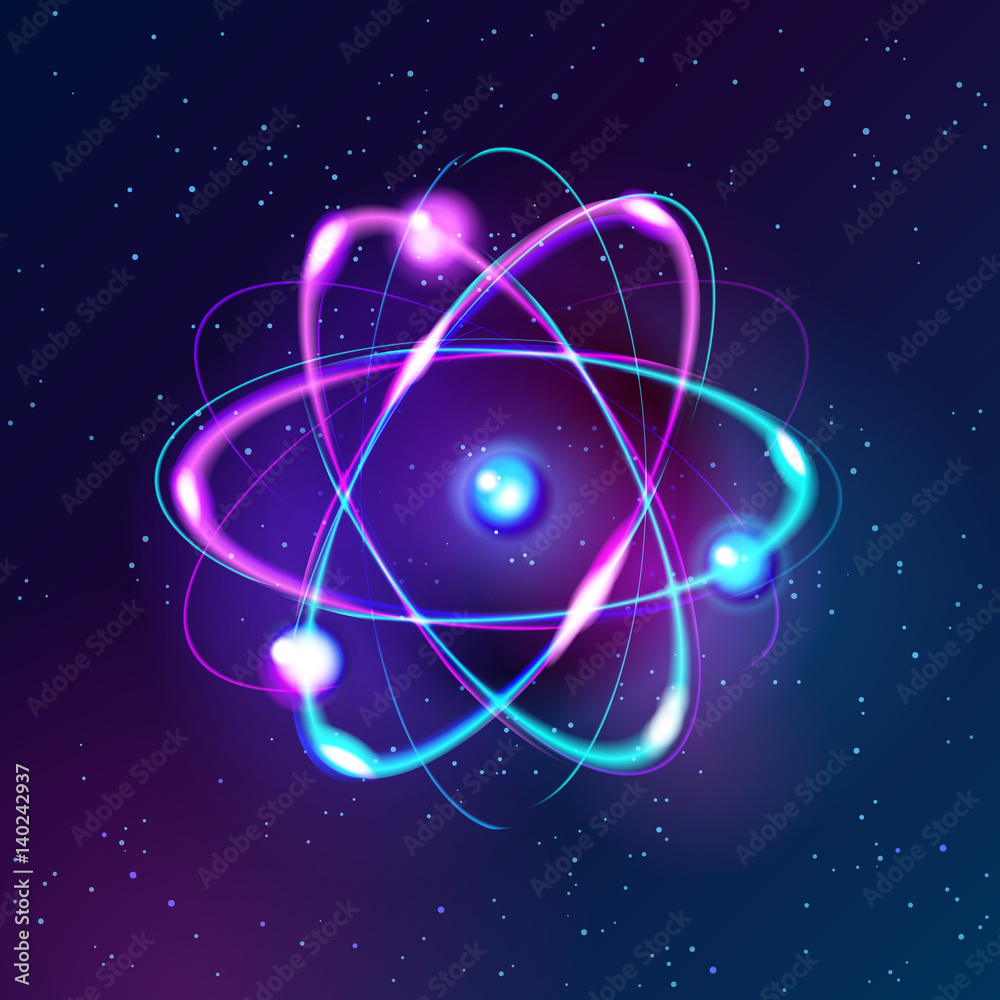 Blue Shining atom scheme. Dark background digital infographics. Abstract Technology background for computer graphic website internet and business. circuit. - obrazy, fototapety, plakaty 