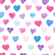 Seamless Watercolor Pattern With Colorful Hearts - Pink, Purple, Blue Tints.