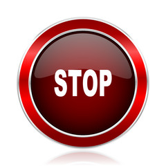 Poster - Stop red silver metallic web and smartphone vector icon isolated on white background.