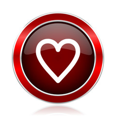 Poster - Heart red round glossy vector web icon. Circle modern design chrome metal border abstract sign for smartphone applications