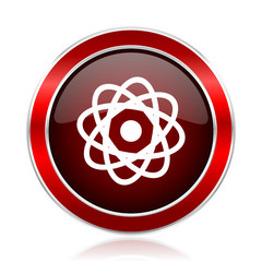 Poster - Atom red round glossy vector web icon. Circle modern design chrome metal border abstract sign for smartphone applications