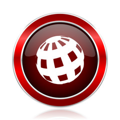Fototapete - Earth red round glossy vector web icon. Circle modern design chrome metal border abstract sign for smartphone applications