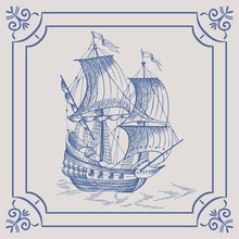 Old Caravel. Ship On The Blue Dutch Tile. Imitation. Frigate, Vintage Sailboat, Sailing Vessel , Glazed Porcelain Ceramic.