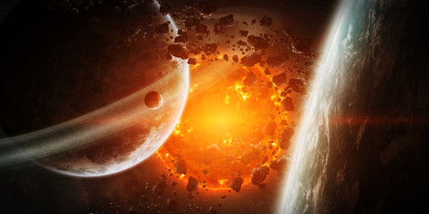 Wall Mural - exploding sun in space close to planet