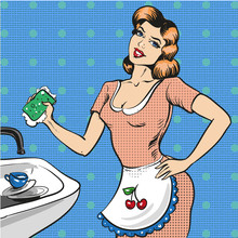 Vector Pop Art Illustration Of Woman Washing The Dishes