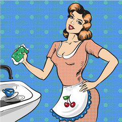 Vector pop art illustration of woman washing the dishes