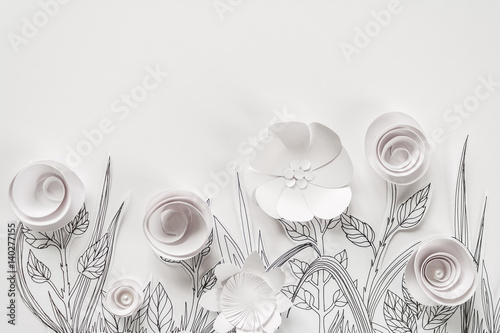 Naklejka na meble 3d paper flowers with painted leaves and stems on the white background