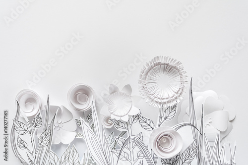 Naklejka na kafelki 3d paper flowers with painted leaves and stems on the white background