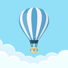 Hot Air Balloon In The Sky With Clouds. Flat Cartoon Design. Vector Illustration