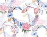 Watercolor floral seamless pattern with hearts, feathers