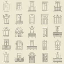 Vector Set Of Black  Thin Line Icons Of Vintage Decorative Doors, Windows, Balconies On White Background.