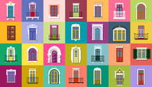 Vector Set Of Flat Vintage Different Decorative Doors, Windows, Balconies On Colorful Squares.