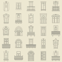 Poster - Vector set of black  thin line icons of vintage decorative doors, windows, balconies on white background.