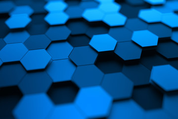 Poster - abstract 3d rendering of futuristic surface with hexagons. contemporary sci-fi background with bokeh