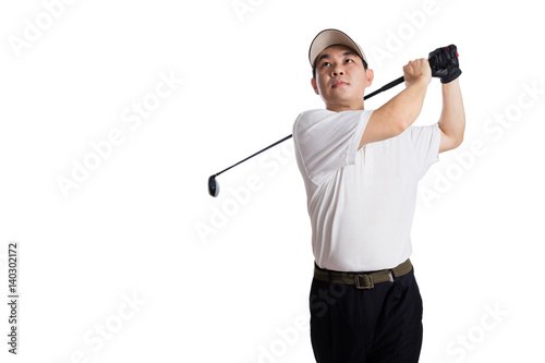 Smiling Asian Chinese Man Swinging Golf Club Kaufen Sie
