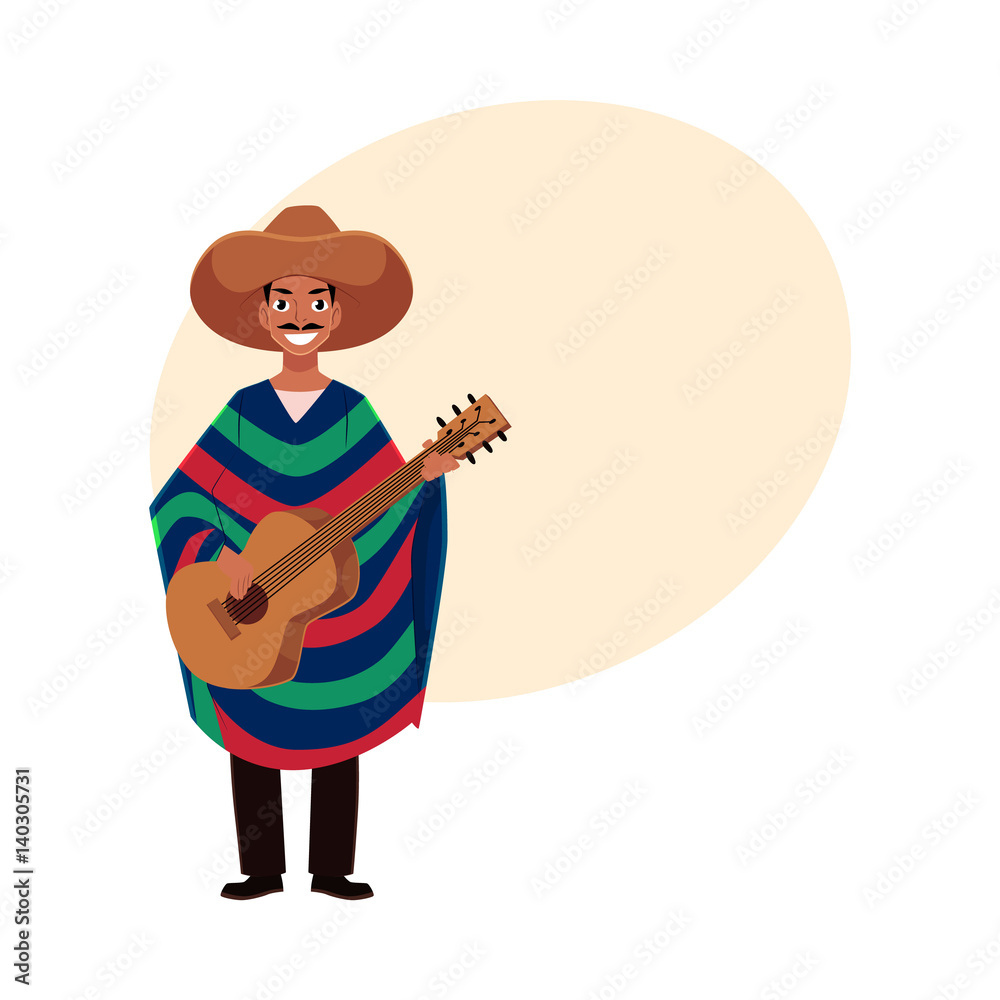 Mexican man in traditional national sombrero and poncho playing guitar ...