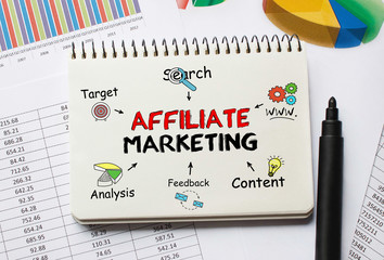Poster - notebook with toolls and notes about affiliate marketing