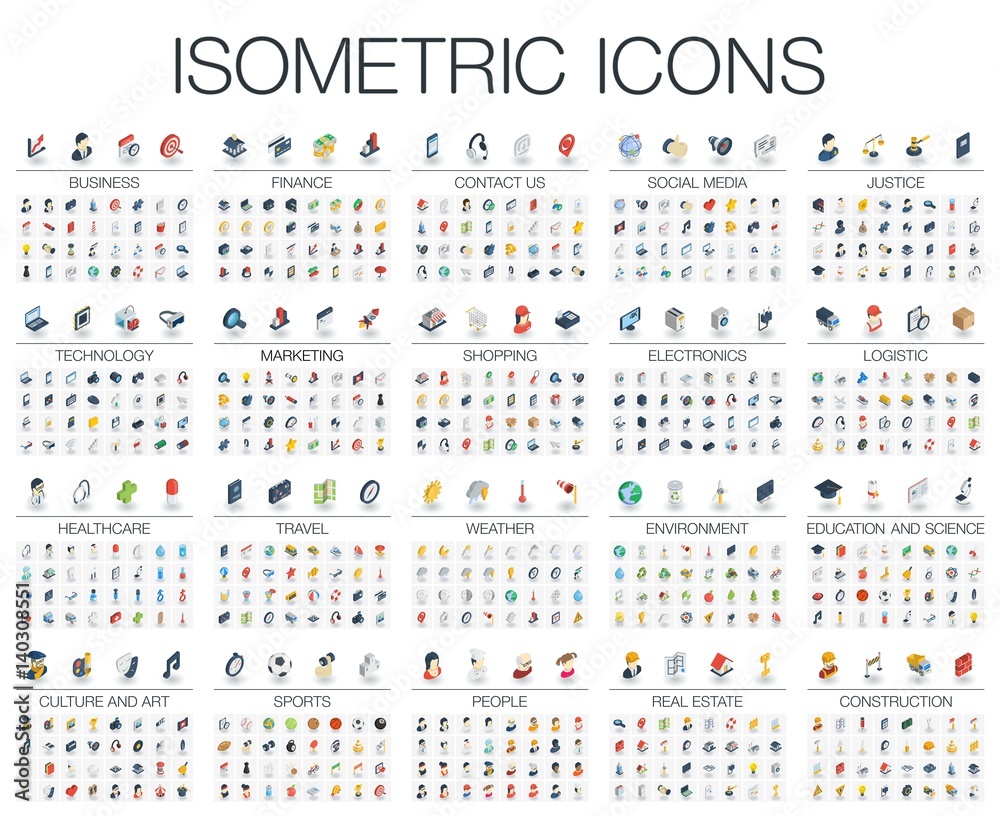 Vector illustration of isometric flat icons for business, bank, social media market, justice, internet technology, shop, education, sport, healthcare, art and construction. Color 3d web symbols set. - obrazy, fototapety, plakaty 