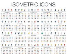 Vector Illustration Of Isometric Flat Icons For Business, Bank, Social Media Market, Justice, Internet Technology, Shop, Education, Sport, Healthcare, Art And Construction. Color 3d Web Symbols Set.
