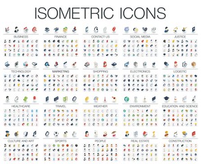 vector illustration of isometric flat icons for business, bank, social media market, justice, intern