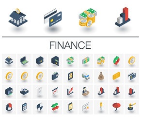 Wall Mural - Isometric flat icon set. 3d vector colorful illustration with banking and finance symbols. Credit card, wallet, coin, safe, money bag, cash, dollar, euro, pound colorful pictogram Isolated on white