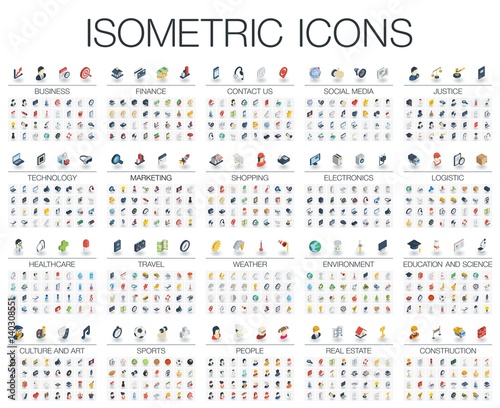 Cuadros en Lienzo Vector illustration of isometric flat icons for business, bank, social media market, justice, internet technology, shop, education, sport, healthcare, art and construction