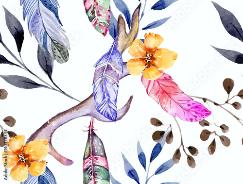 Tribal boho style feather seamless pattern in vector. Plakat