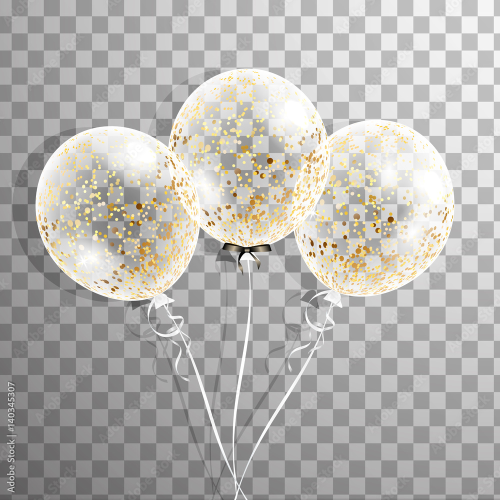 Set of white transparent balloon with confetti isolated in the air . Frosted party balloons for event design. Party decorations for birthday, anniversary, celebration. Shine transparent balloon.