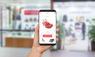 Poster - woman buy red shoes online with mobile phone. e shopping with web site or app. clothes and footwear 