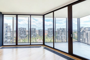 Modern white empty loft apartment interior, living room, hall, ace panorama, Overlooking the metropolis city