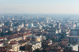 Fototapeta Miasto - Aerial view on foggy Bergamo town, Lombardy, Italy