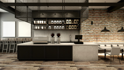 Cafe shop & Restaurant design Modern Loft counter steel black. Top counter concrete.side brick wall -D render