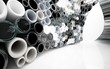 Abstract interior array of pipes made of different materials. Architectural background. 3D illustration and rendering