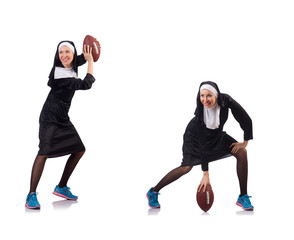 Wall Mural - Pretty nun with rugby ball isolated on white