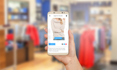 Aufkleber - Sale on mobile market. E commerce with mobile phone. Modern web shop on phone display. Clothing store in background.