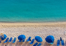 Blue Umbrellas And Blue Sea - Greece, Lefkada Island