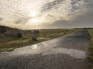 Path in a town park and cloudy sky.