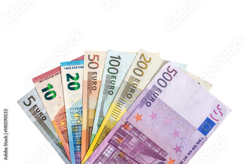 Fotografía full set of banknotes of euro isolated on white. Place for text.