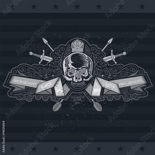 Skull Front View Without A Lower Jaw In Center Of Winding Ribbon With Cross Sword And Line Pattern Heraldic Vintage Label On Blackboard Stock Vector Adobe Stock