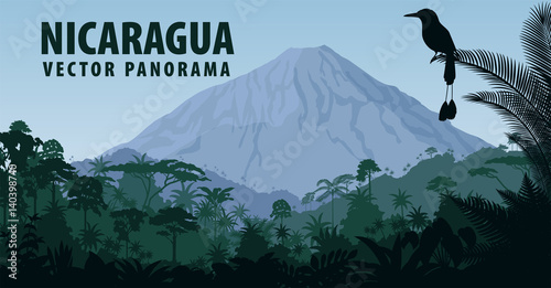 Fotomural vector panorama of Nicaragua with vulcano in jungle rainforest and Turquoise bro