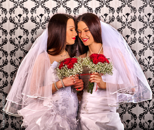Lesbian Couples In Wedding Bridal Dress Kissing Same Sex Marriage And Love Couple With Flower 
