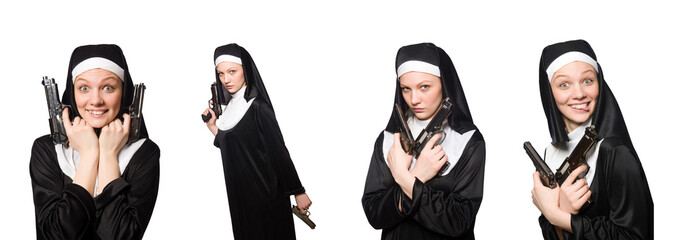 Wall Mural - Nun with gun isolated on white