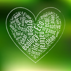 Wall Mural - Green ECO Background with Heart Tag Cloud   - Vector Illustration