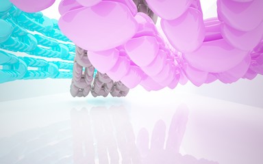  Abstract interior in colored smooth glossy array of sculptures in the form of eggs.  3D illustration and 3D rendering 
