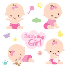 Vector Illustration Of Baby Girl With Cute Graphic Elements. Perfect For Baby Shower.