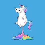 Cute fat unicorn farting rainbow funny vector cartoon illustration