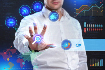 business, technology, internet and network concept. business man working on the tablet of the future