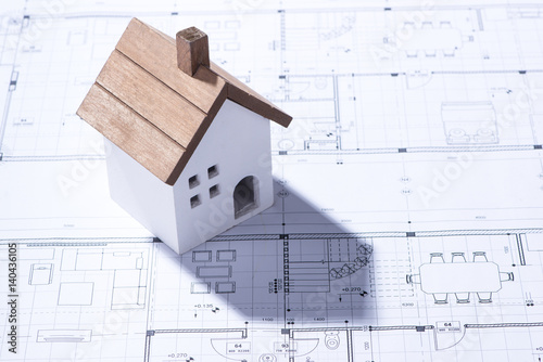 building house on blueprints with worker - construction project 