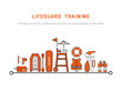 Lifeguard training vector illustration on white background isolated. Cover of the courses of rescuers with a set of rescue equipment